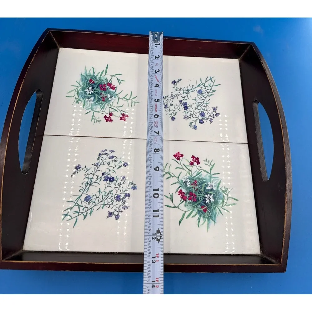 Vintage Wooden Serving Tray with Handles, 4 Ceramic Floral Tiles Décor